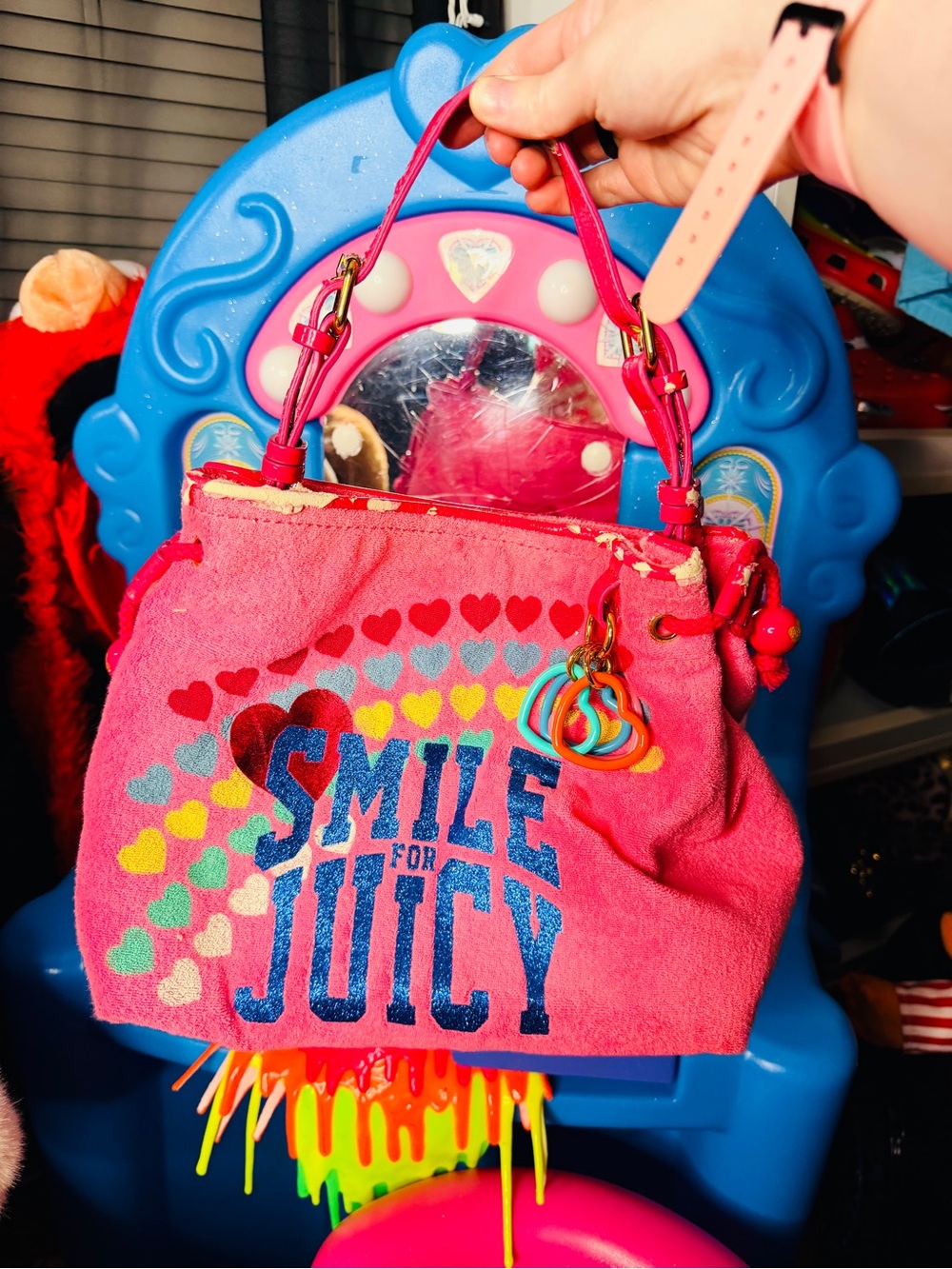 2002 Juicy Couture Pink 'Smile for Juicy' Heart Print Shoulder Bag